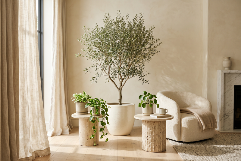 Indoor planters styled in a sunlit modern living room with olive tree and ceramic vessels