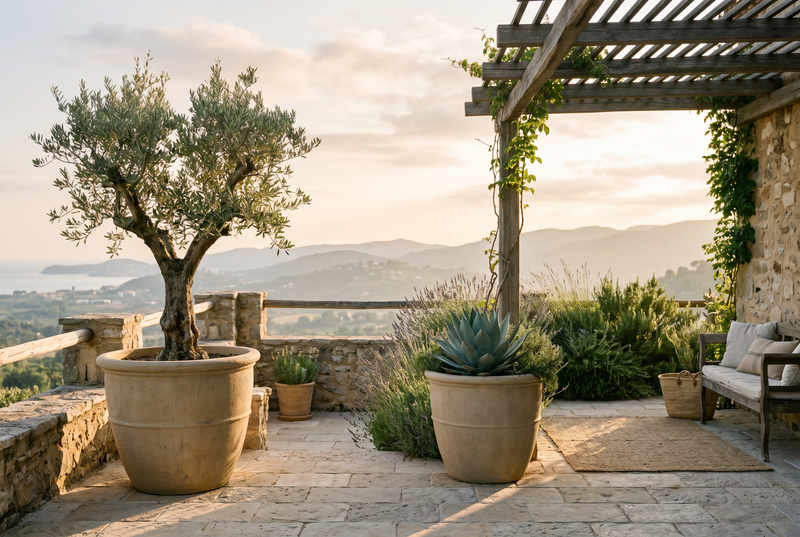 Outdoor planters with olive trees on a Mediterranean stone terrace at golden hour