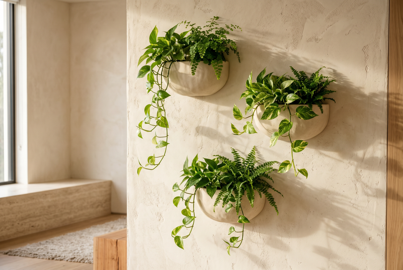 Wall-mounted ceramic planters with trailing plants on a limewashed wall