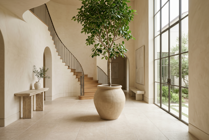 Tall statement floor planter with indoor tree in a grand limestone entry hall