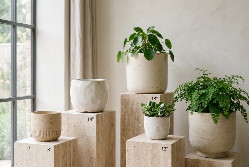 Hand-glazed ceramic and stoneware planters on travertine plinths in soft window light