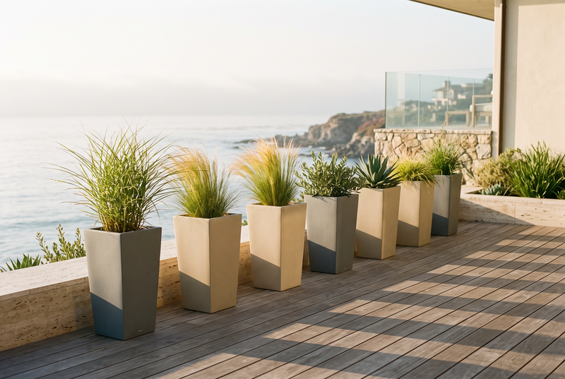 Architectural fiberglass planters with grasses on a modern coastal patio