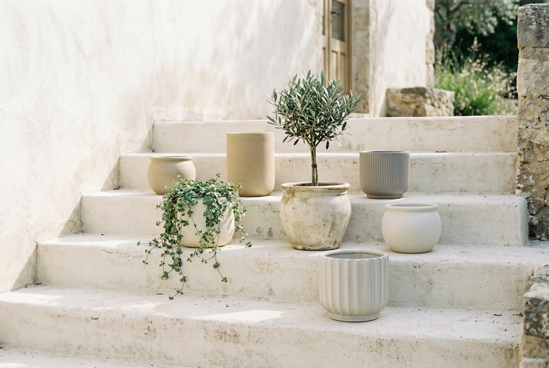 Tonal cream, bone and sand planters arranged on lime plaster steps