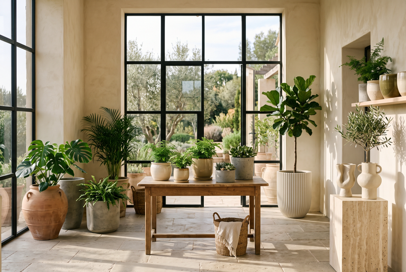 Curated assortment of ceramic, concrete and fiberglass planters in a sunlit atelier