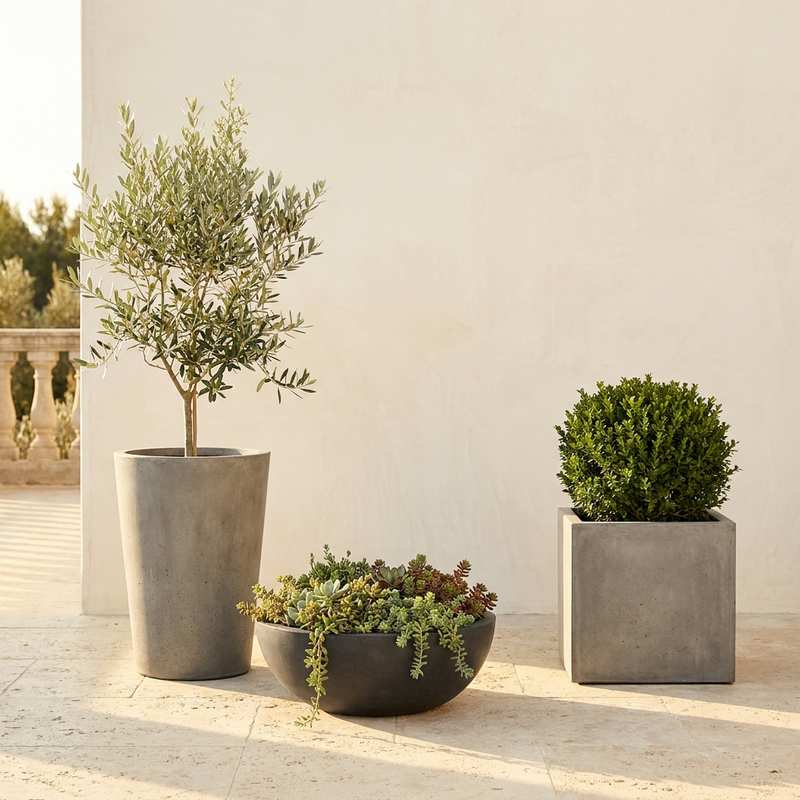 Cast concrete planters in natural grey and charcoal on a limestone terrace with olive tree, sedum, and boxwood