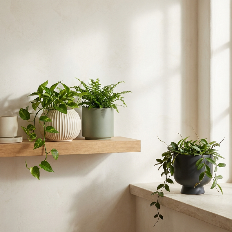 Small ceramic and stoneware planters in cream, sage, and charcoal styled on a light oak shelf