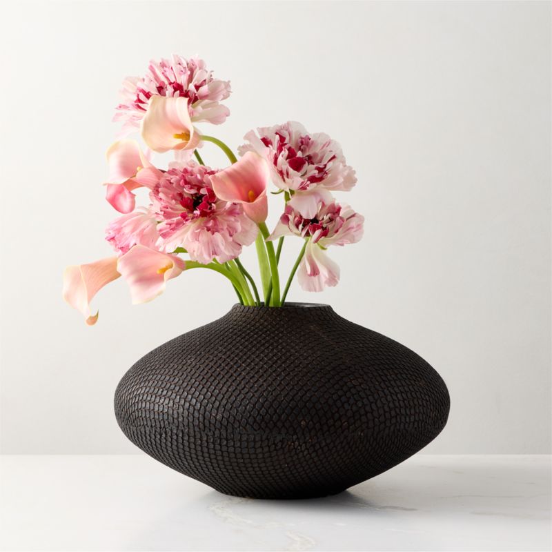 Cusco Textured Black Terracotta Vase Wide - Black - Wide