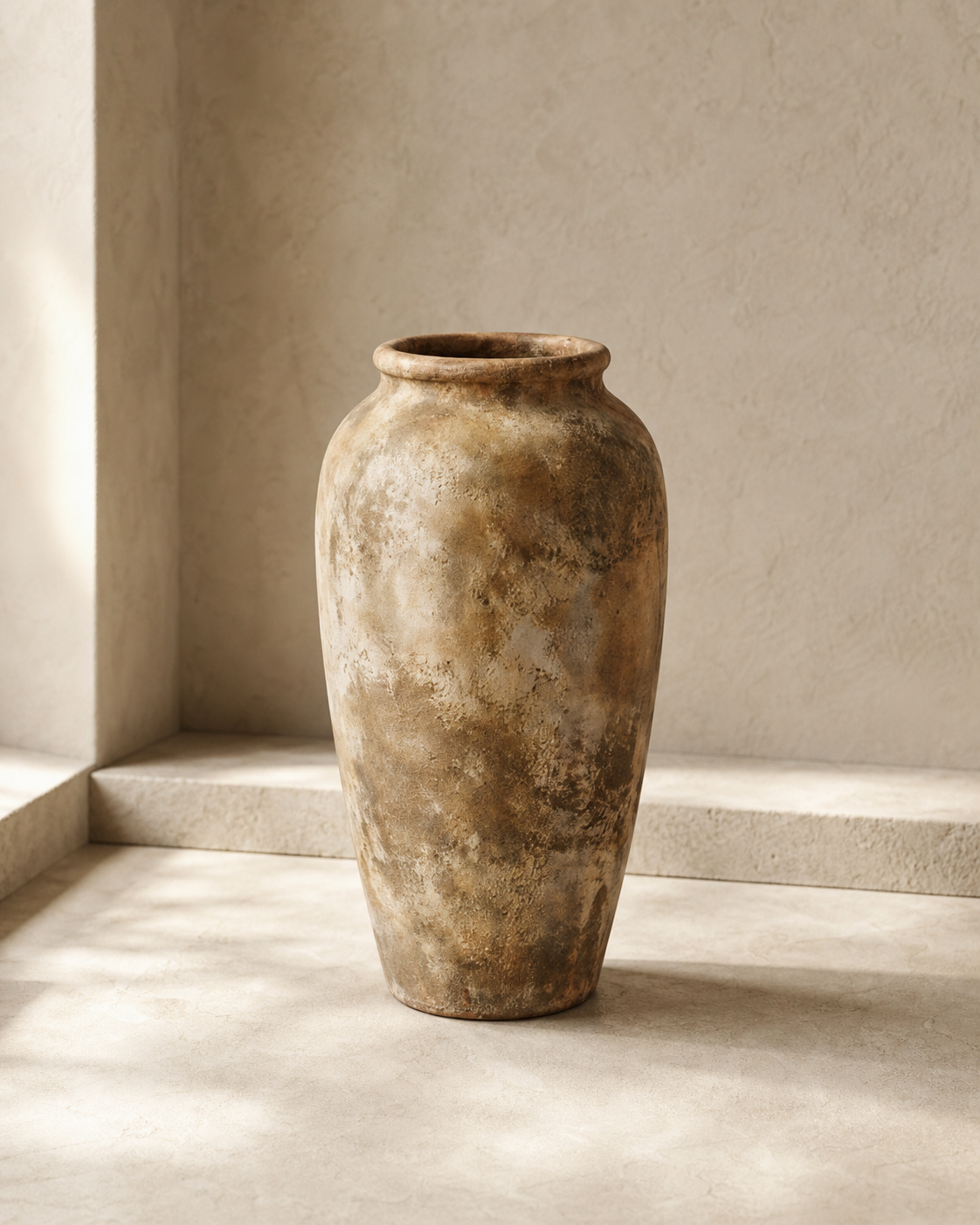 Amalfi tall aged terracotta jar planter in a warm limestone studio.