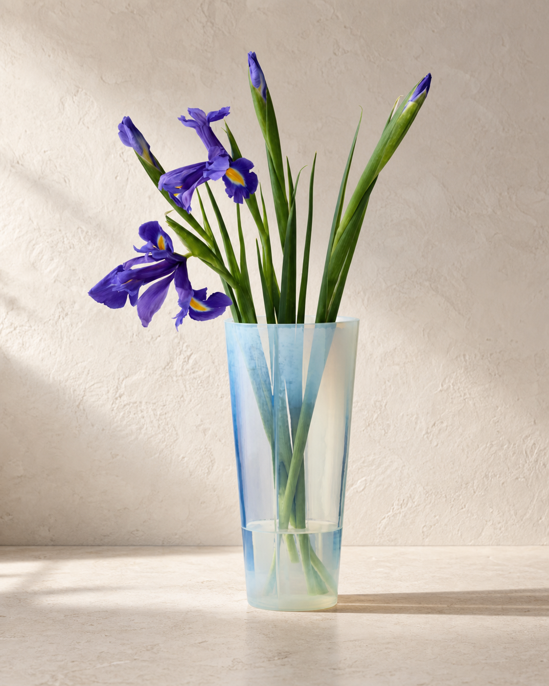 Couture Opaline Glass Vase with purple irises in warm architectural studio light
