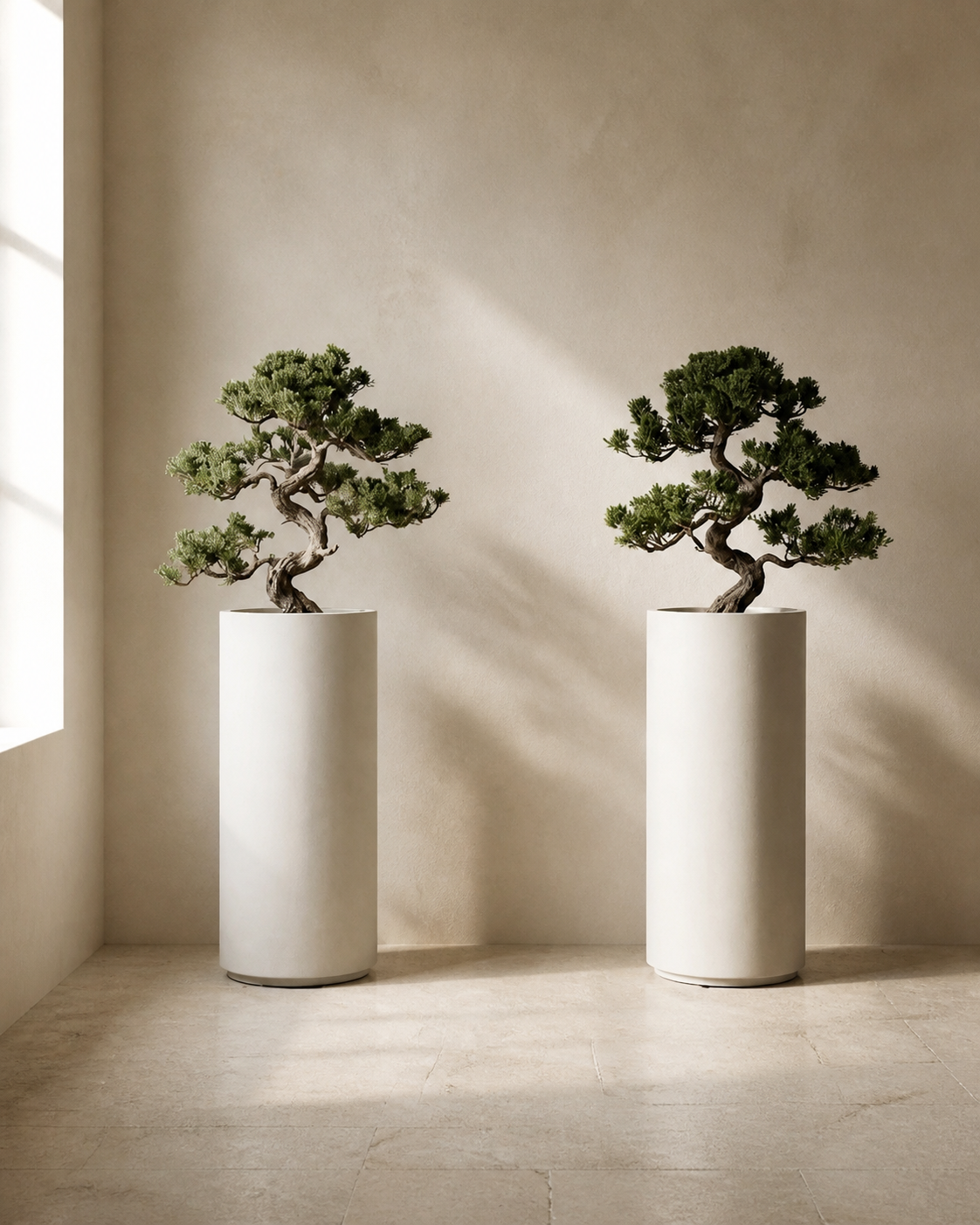 Doric Column Pair with sculptural evergreens in warm architectural studio light