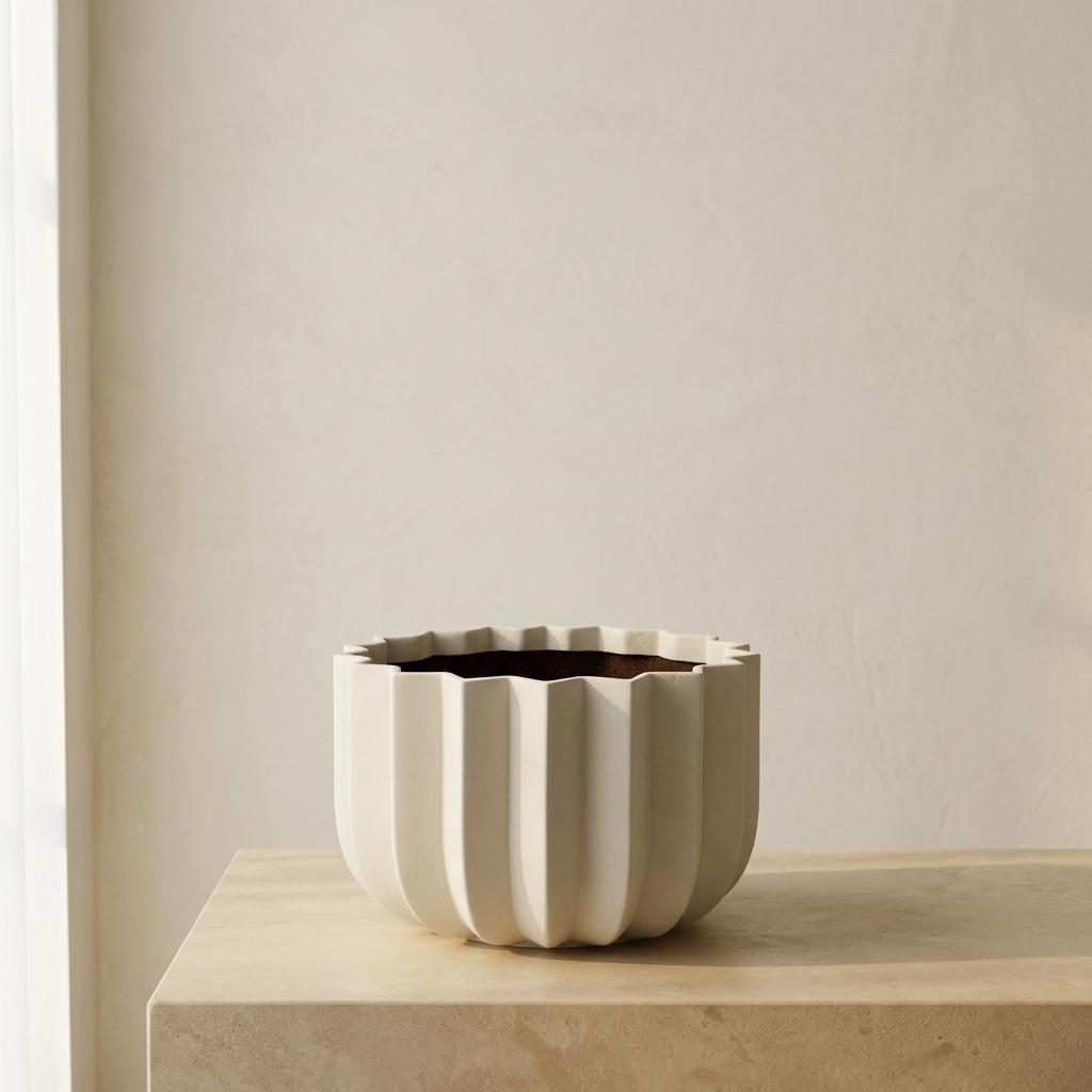 Wrap Planter in dune — studio hero on limestone plinth