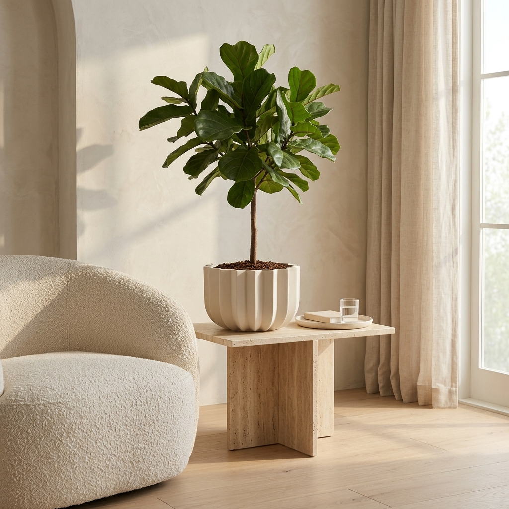 Wrap Planter styled in a sunlit living room beside bouclé armchair