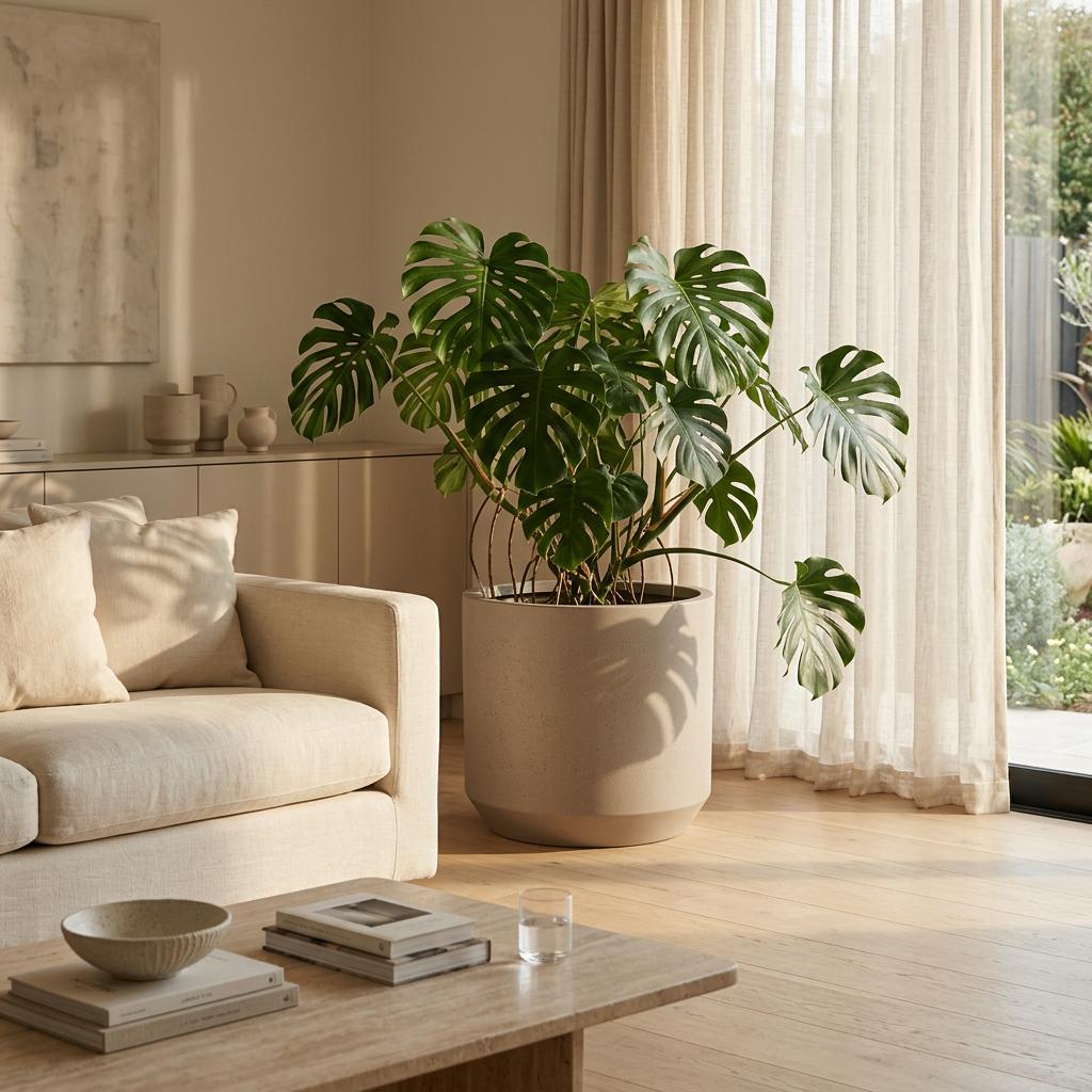 Mexia Planter with monstera beside a linen sofa — scale reference