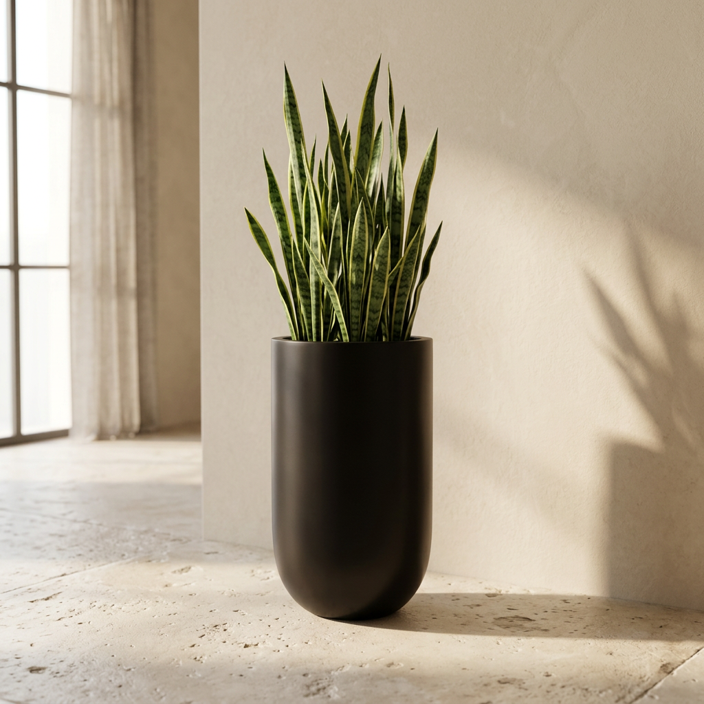Pallas Planter 45-degree angle with snake plants