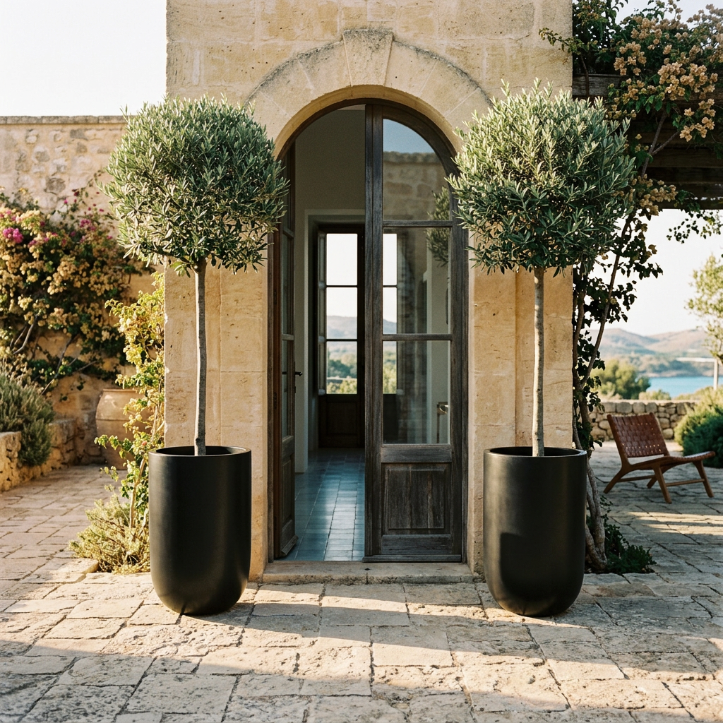 Pair of Pallas planters flanking an arched doorway — scale reference