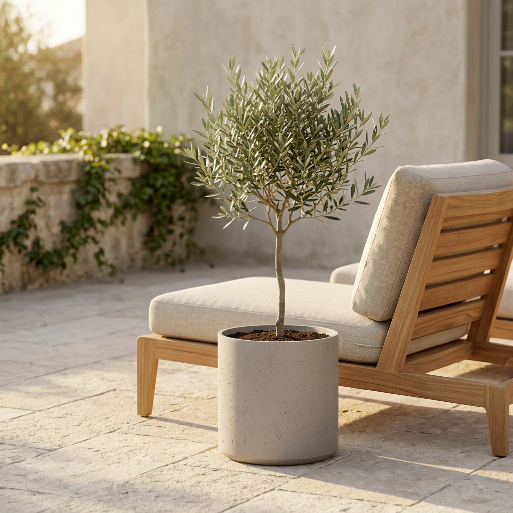 Agnes Planter with olive sapling on a limestone patio — scale reference