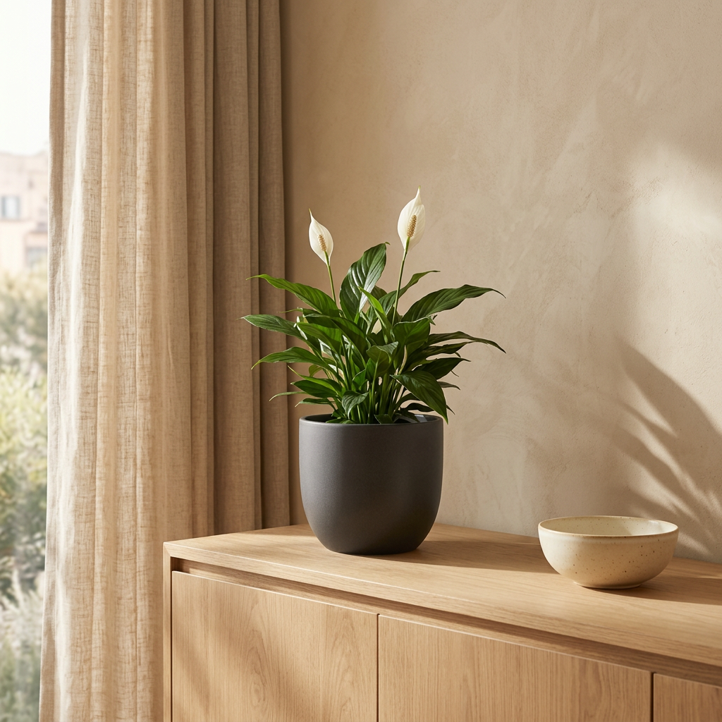 Grant Planter with peace lily on an oak sideboard — scale reference