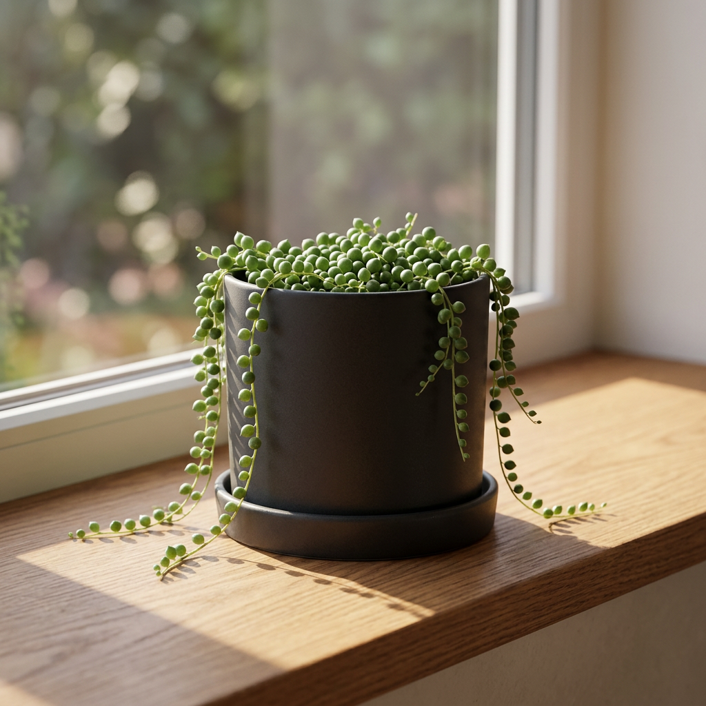 Hyde Planter 45-degree angle with string of pearls on windowsill