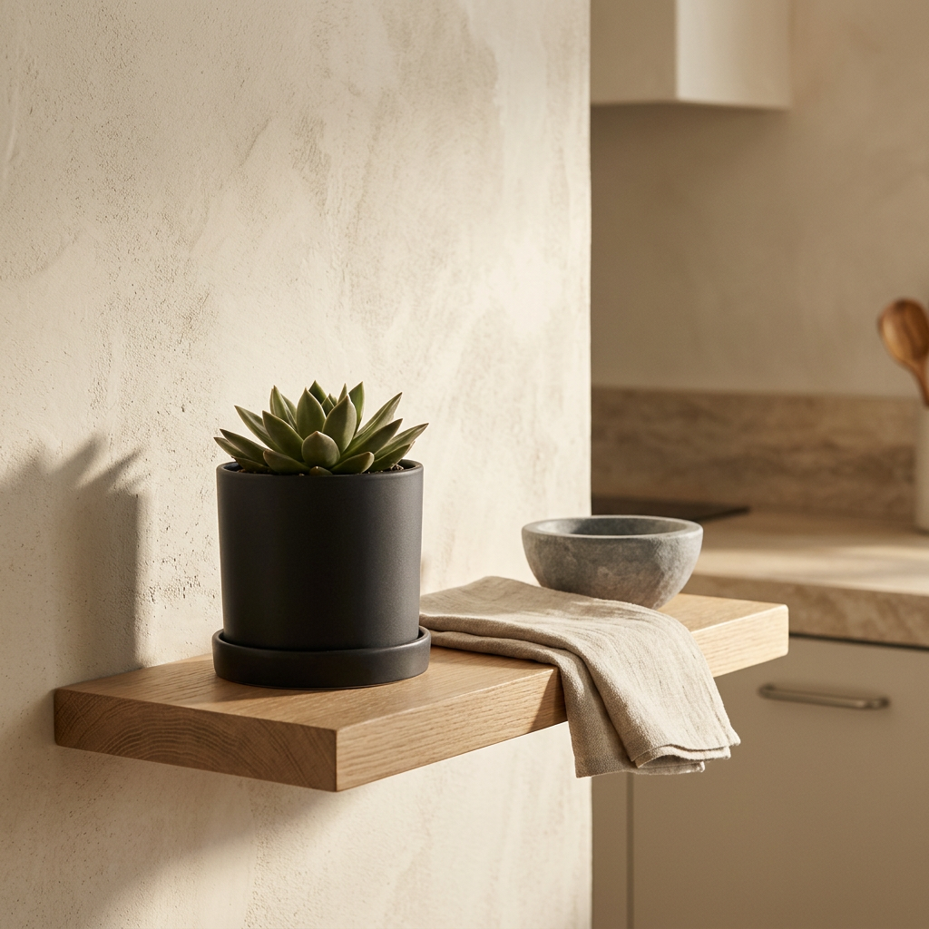 Hyde Planter with succulent on a floating oak shelf — scale reference