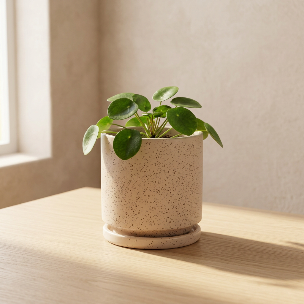 Isabella Planter 45-degree angle with pilea on oak desk