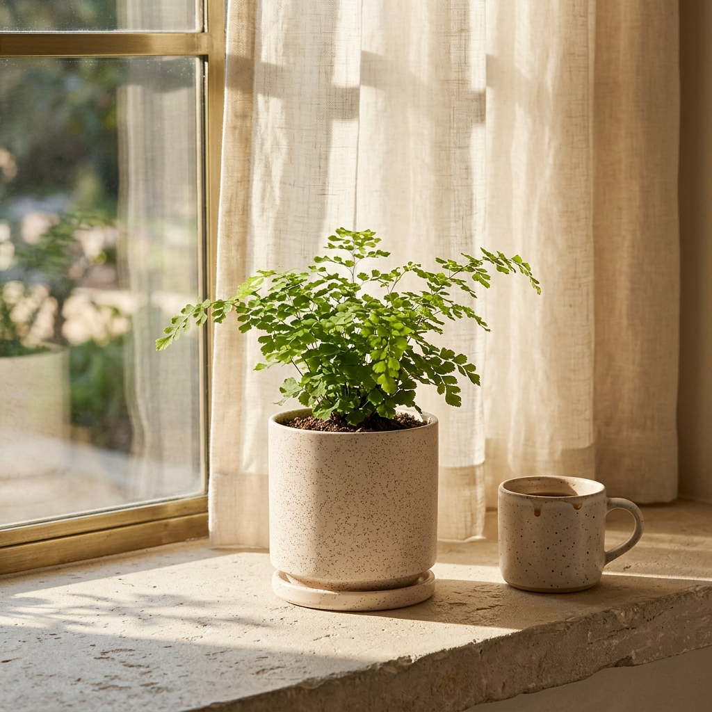 Isabella Planter with fern on a sunny windowsill — scale reference