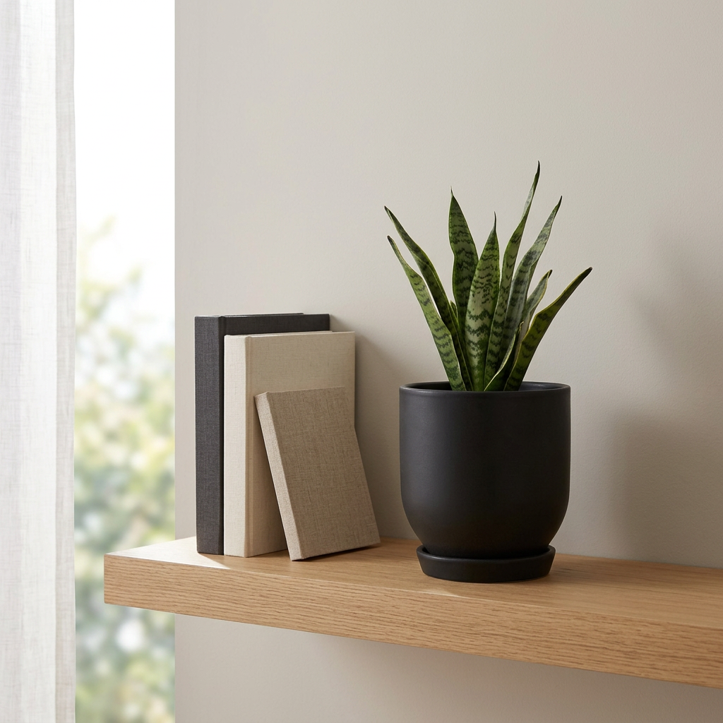 Westcott Planter 45-degree angle with snake plant on bookshelf