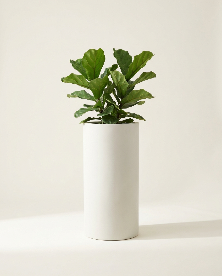Rowan Tall Cylinder fiberglass planter in limestone white with fiddle-leaf fig on warm white studio backdrop
