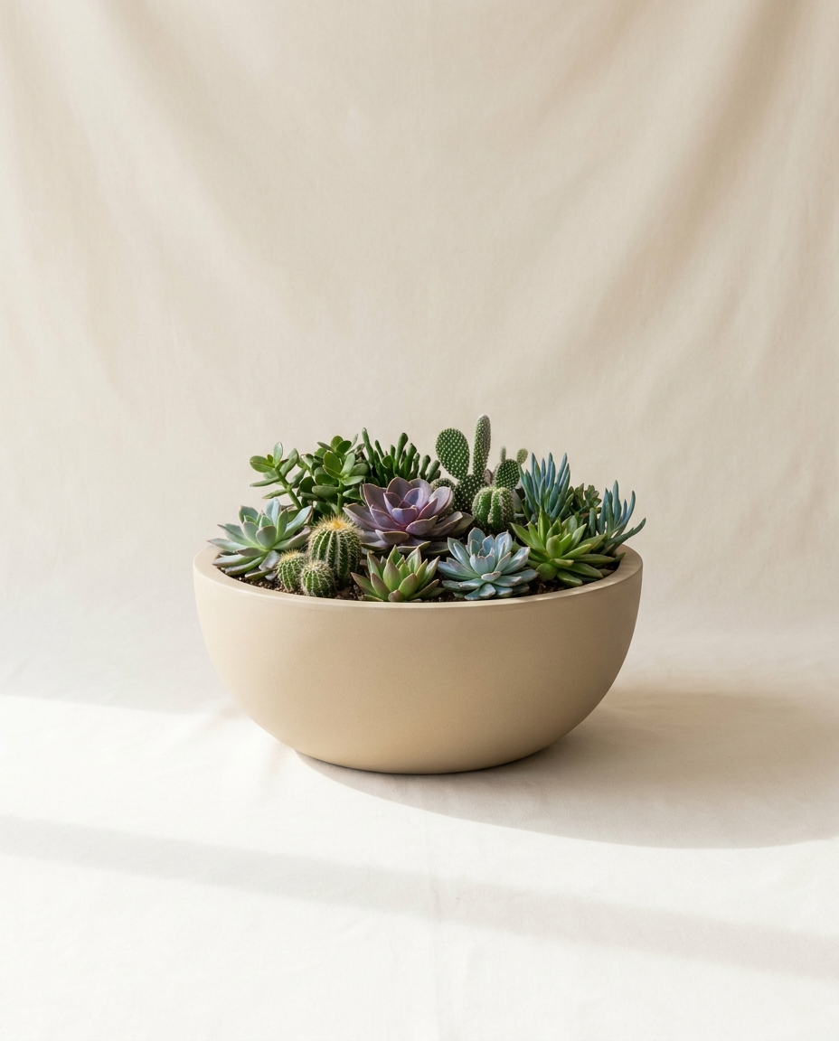 Ellison Low Bowl fiberglass planter in sand with succulent garden on warm white studio backdrop