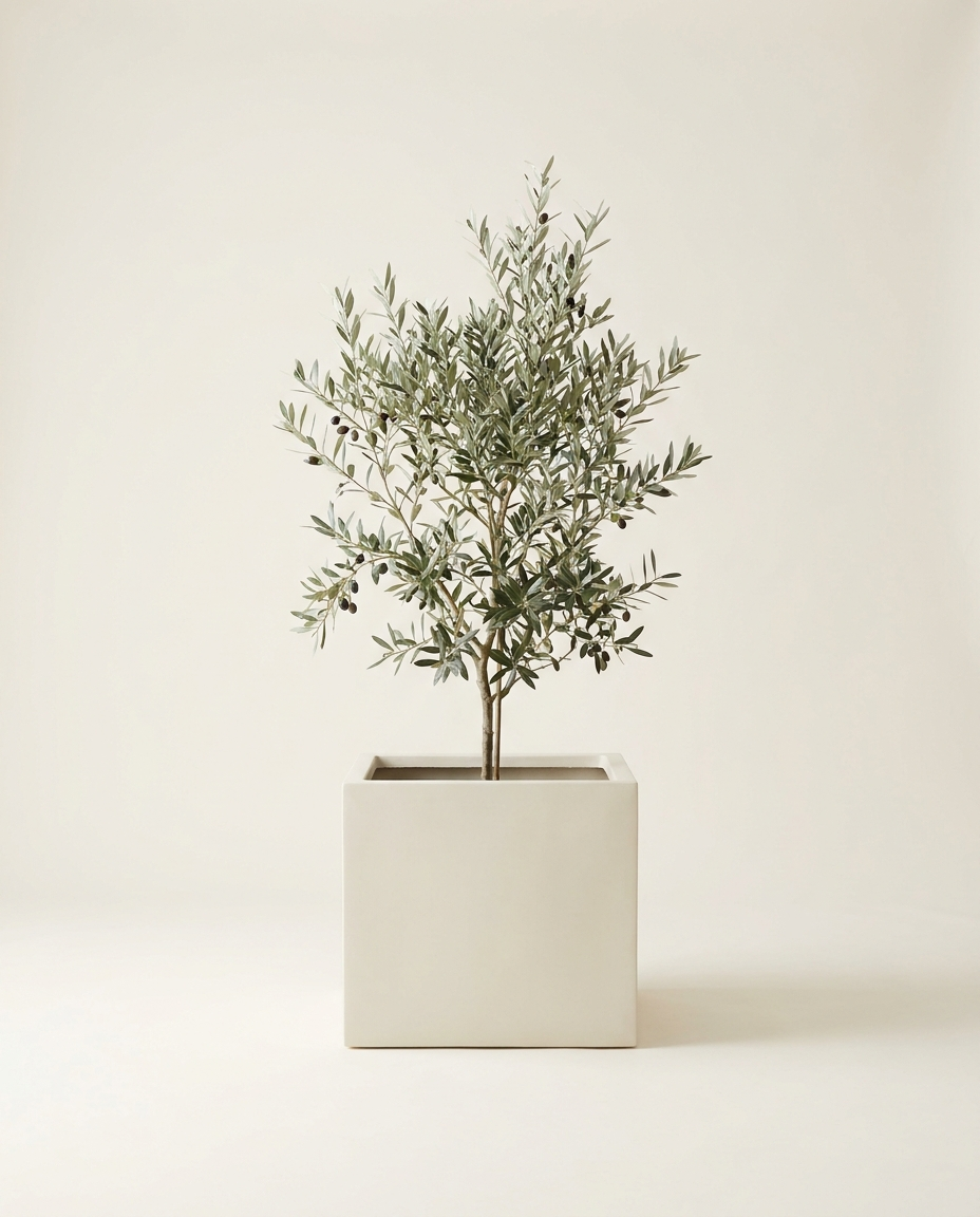 Sloane Cube fiberglass planter in bone with olive tree on warm white studio backdrop