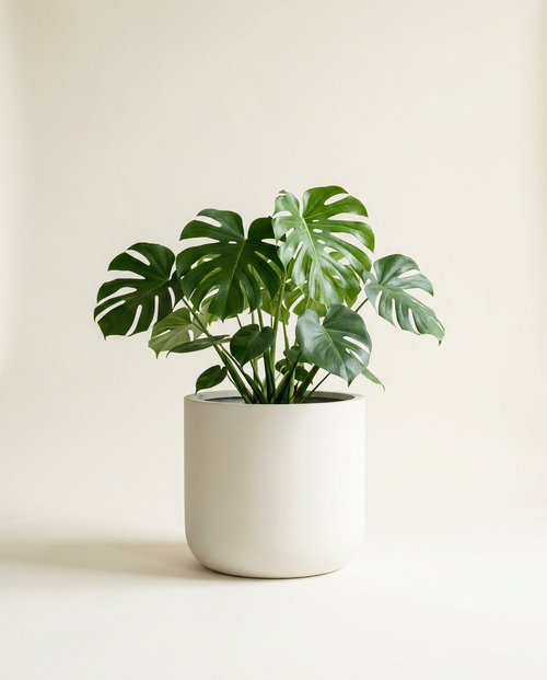 Ashford Round fiberglass planter in limestone white with monstera on warm white studio backdrop