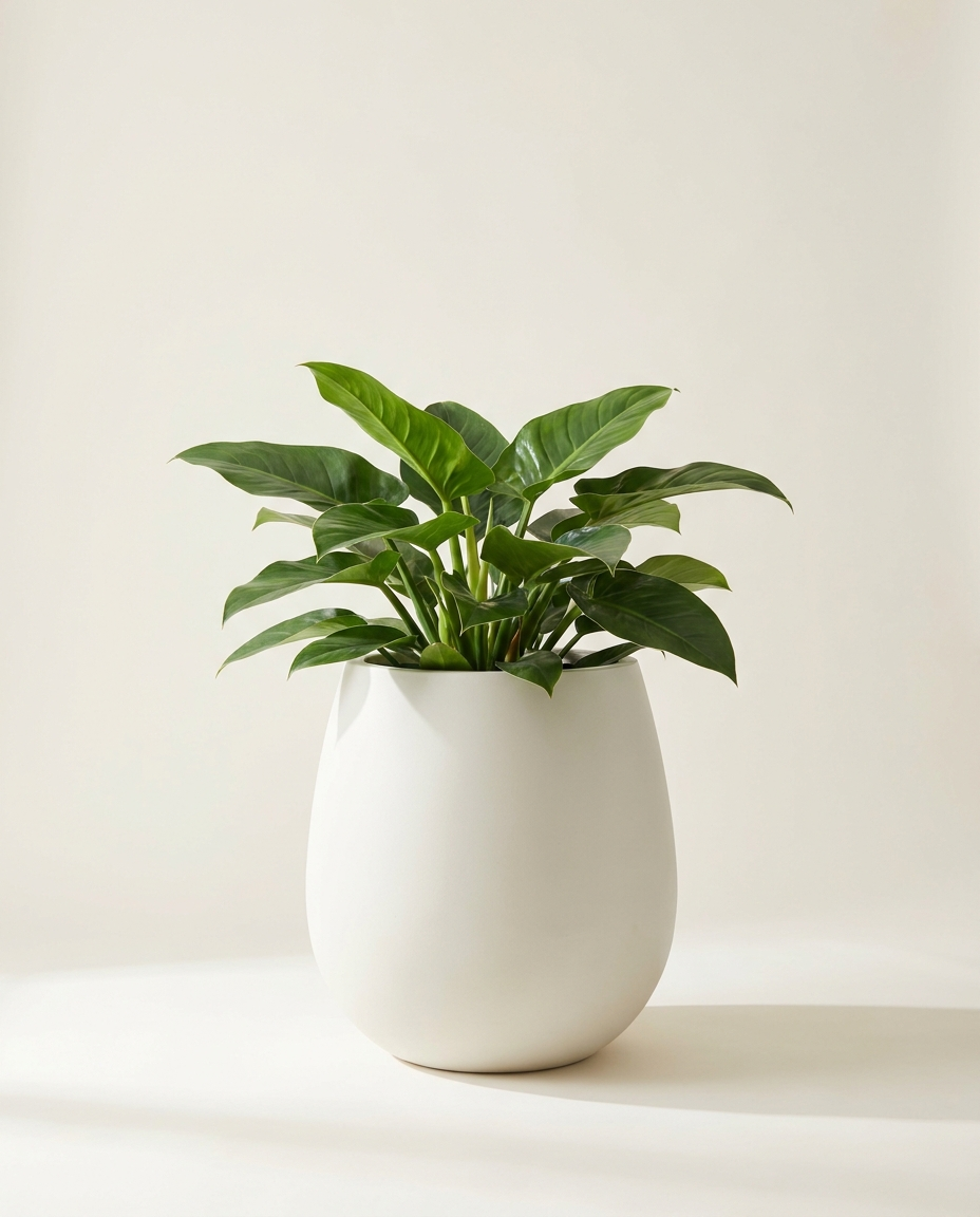 Marlow Egg fiberglass planter in limestone white with philodendron on warm white studio backdrop