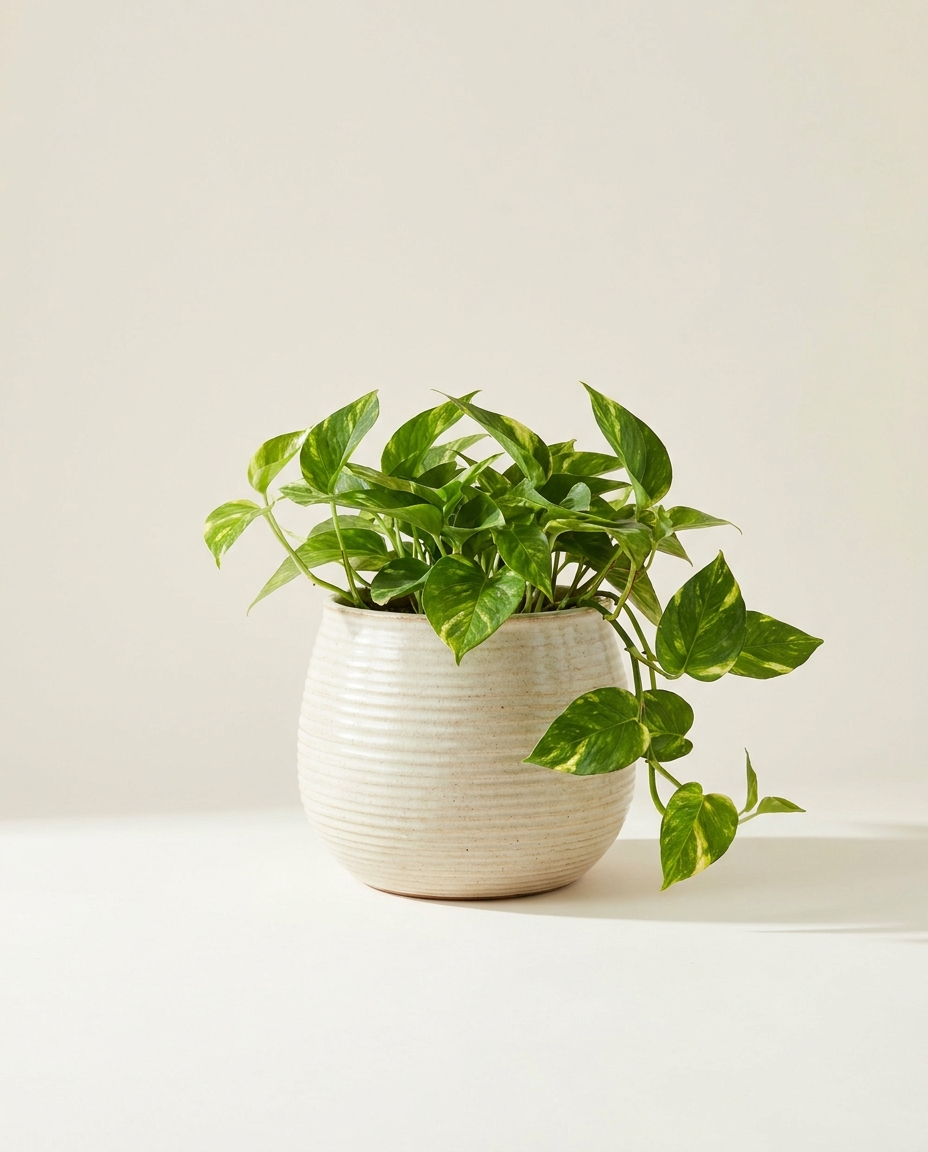 Odessa Ribbed Round stoneware pot in cream with trailing pothos on warm white studio backdrop