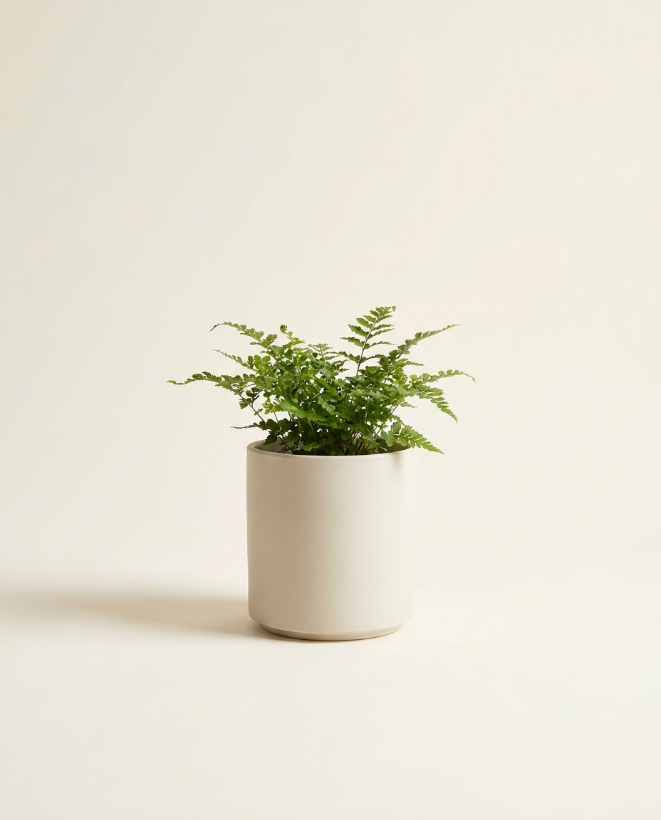 Callis Matte Cylinder stoneware pot in bone with fern on warm white studio backdrop