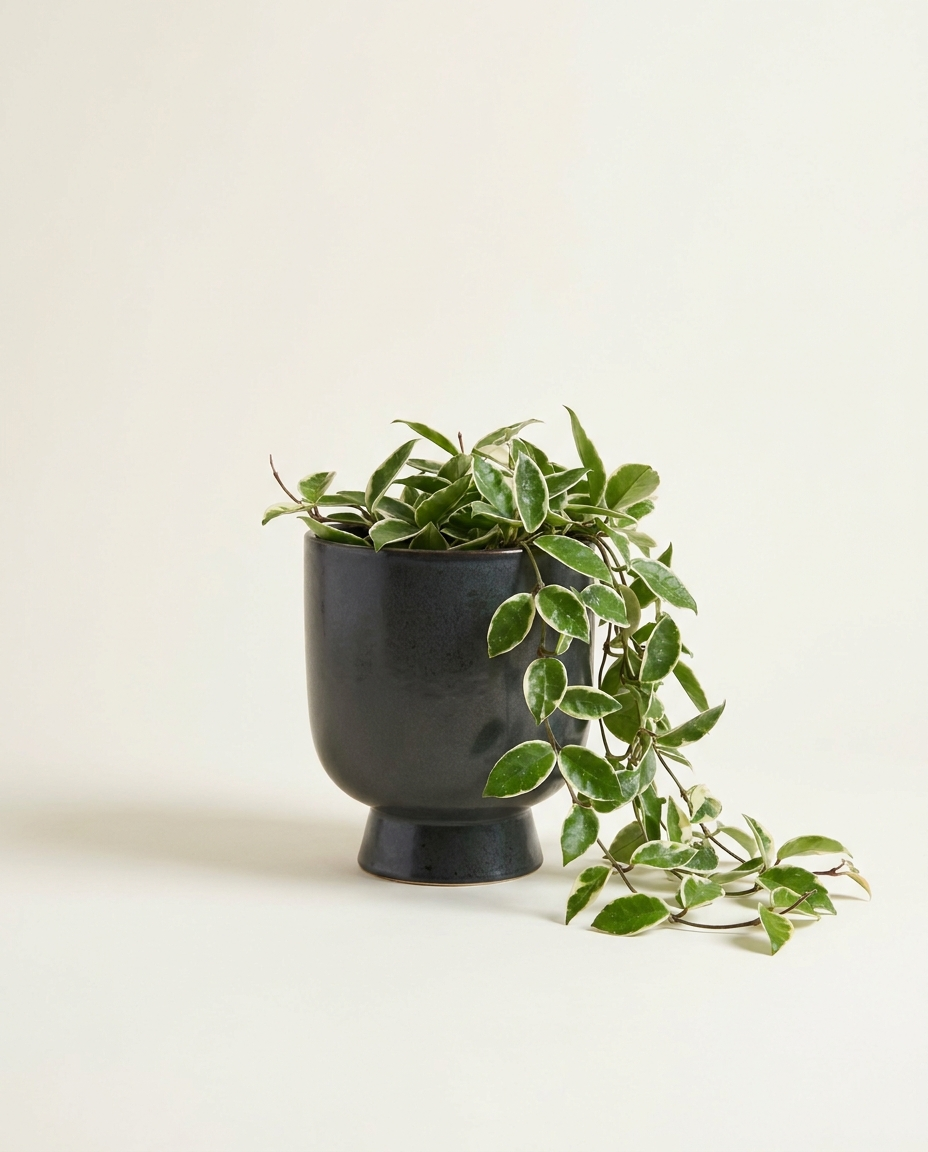 Nara Footed Pot stoneware planter in charcoal with trailing hoya on warm white studio backdrop
