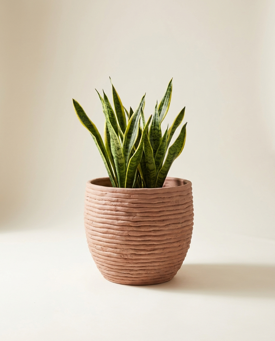 Pemba Coil Pot hand-coiled stoneware planter in terracotta with snake plant on warm white studio backdrop