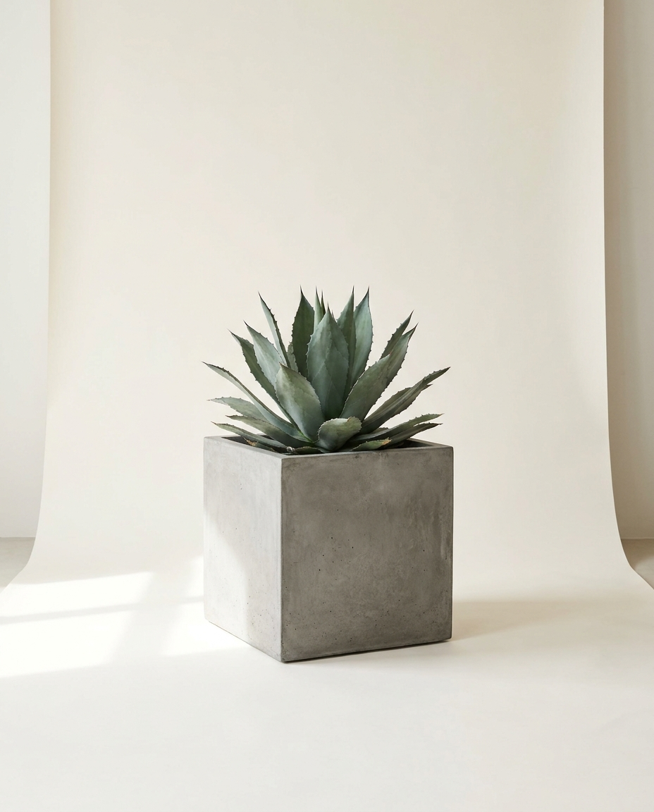Bastion Concrete Cube planter in natural grey with agave on warm white studio backdrop
