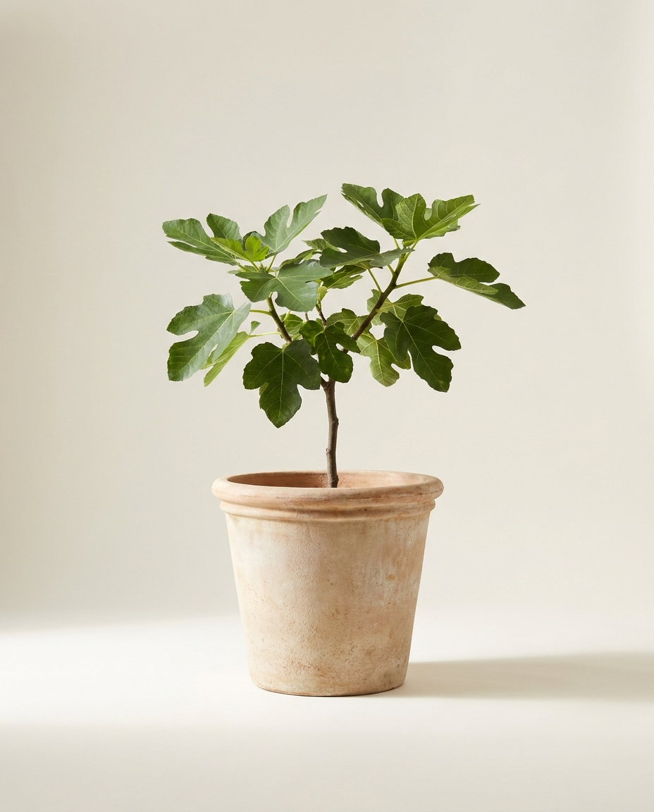 Tuscan Rolled Rim terracotta planter with fig tree on warm white studio backdrop