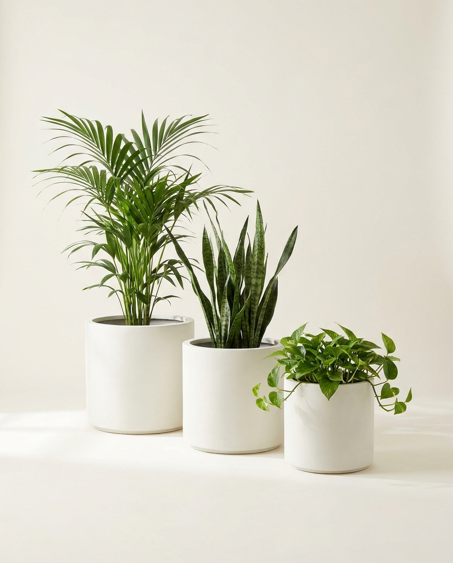 Meridian Set of three graduated fiberglass cylinder planters in limestone white on warm white studio backdrop