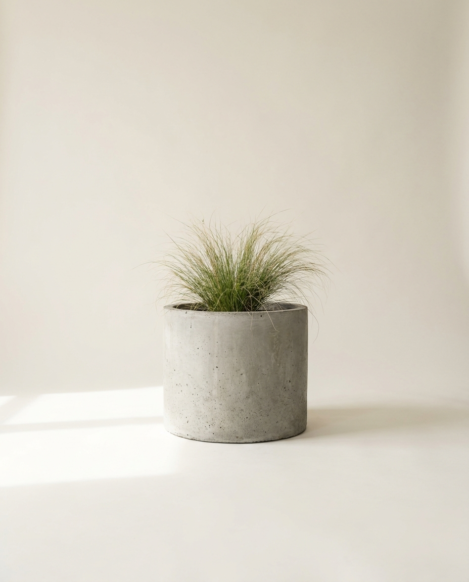 Foundry Round cast concrete planter in raw concrete with ornamental grass on warm white studio backdrop