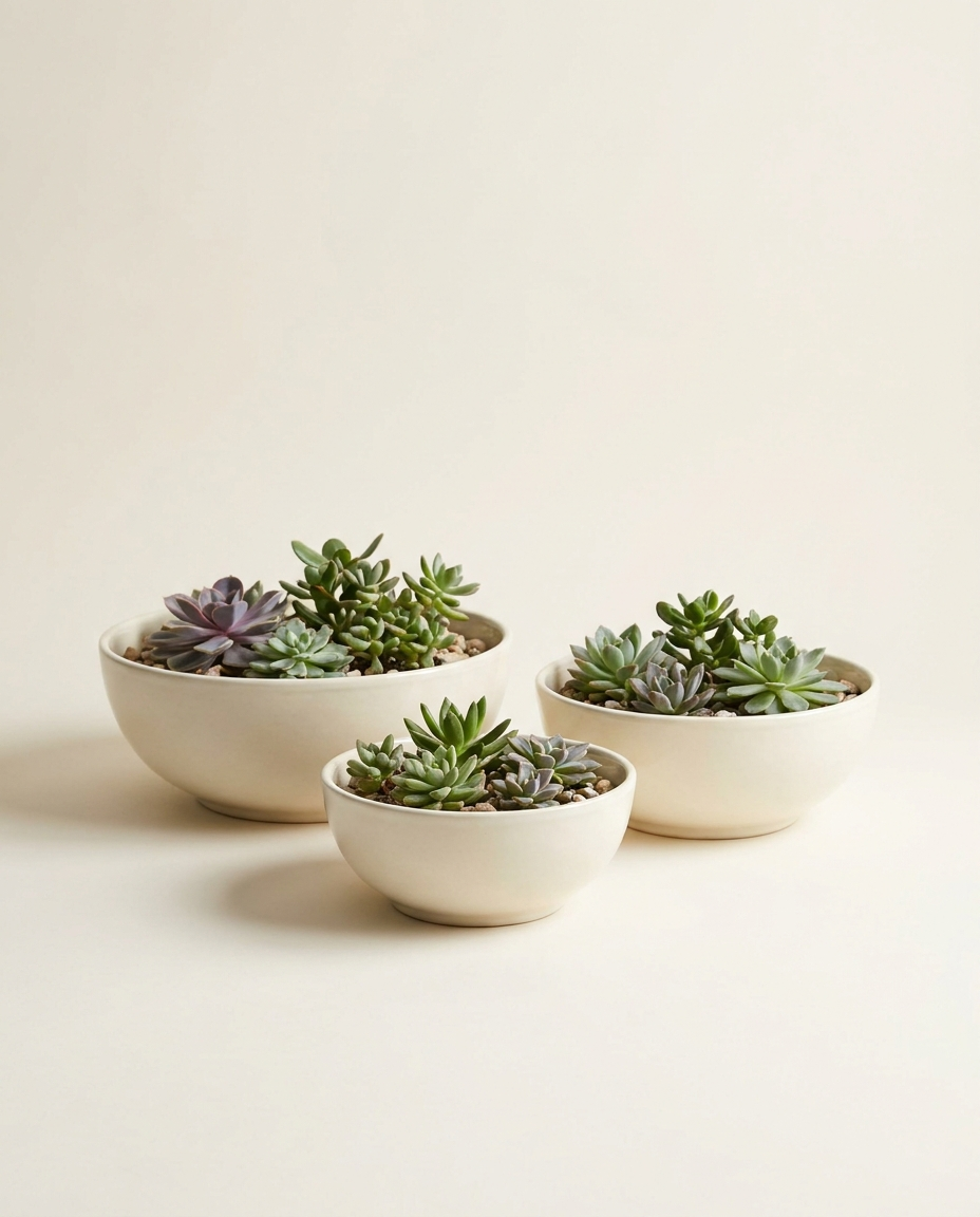 Grove Nesting Bowls three ceramic bowls in bone with succulents on warm white studio backdrop