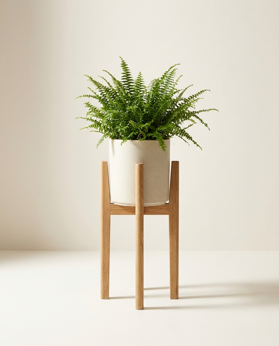 Foster Oak Stand solid oak tripod plant stand with ceramic pot and fern on warm white studio backdrop