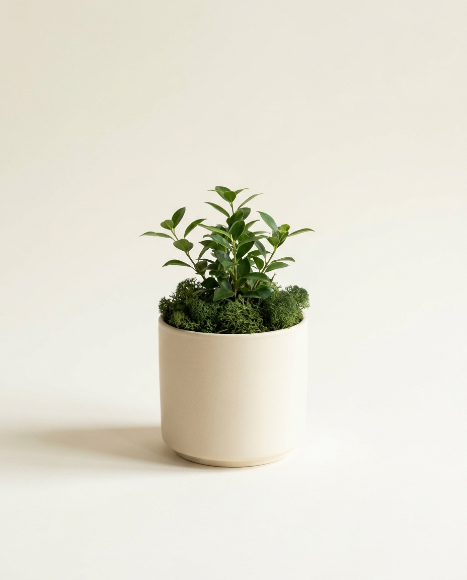 Moss Top Dressing preserved forest moss styled in a cream ceramic pot on warm white studio backdrop