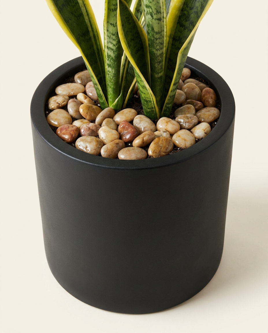 River Stone Dressing polished neutral stones as top dressing in a matte black planter with snake plant