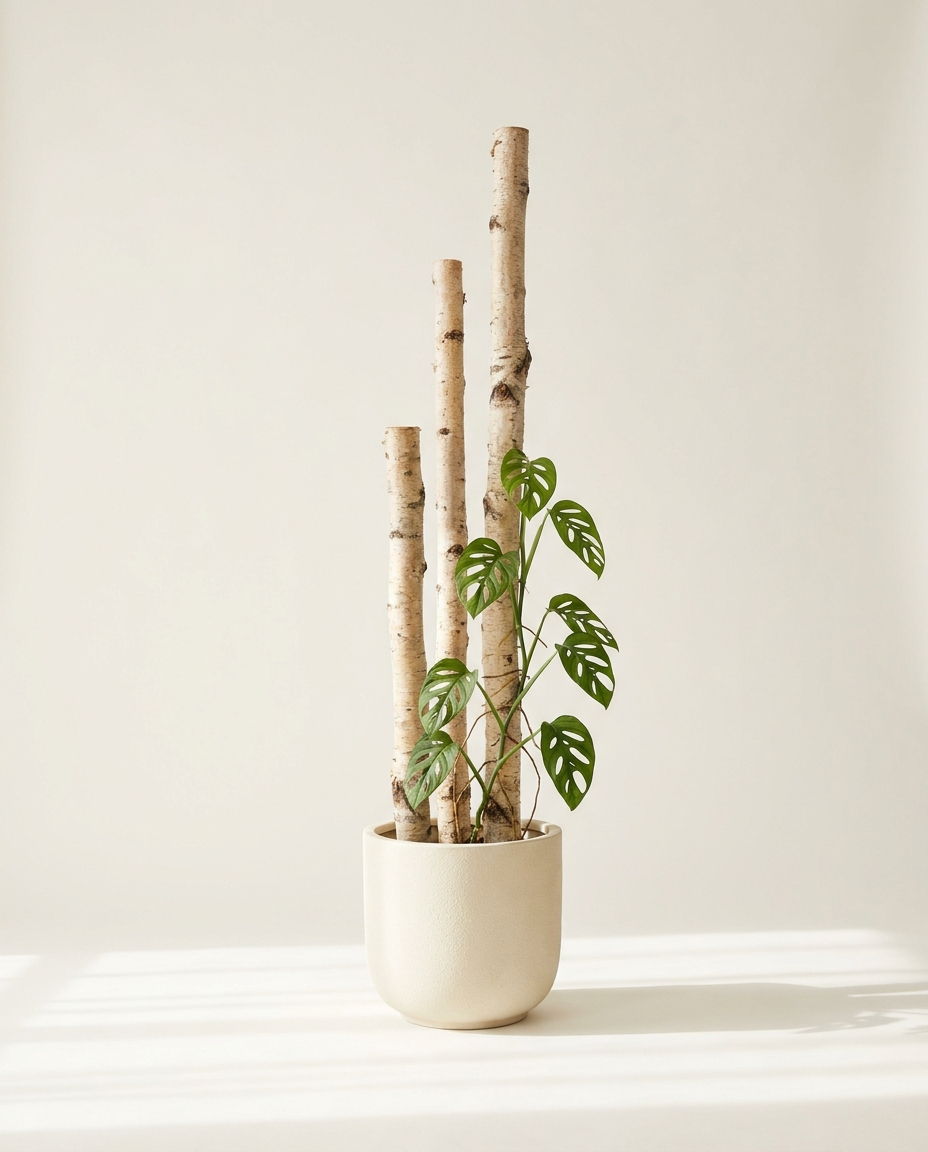 Birch Pole Set natural birch supports with young monstera climbing in a cream ceramic planter