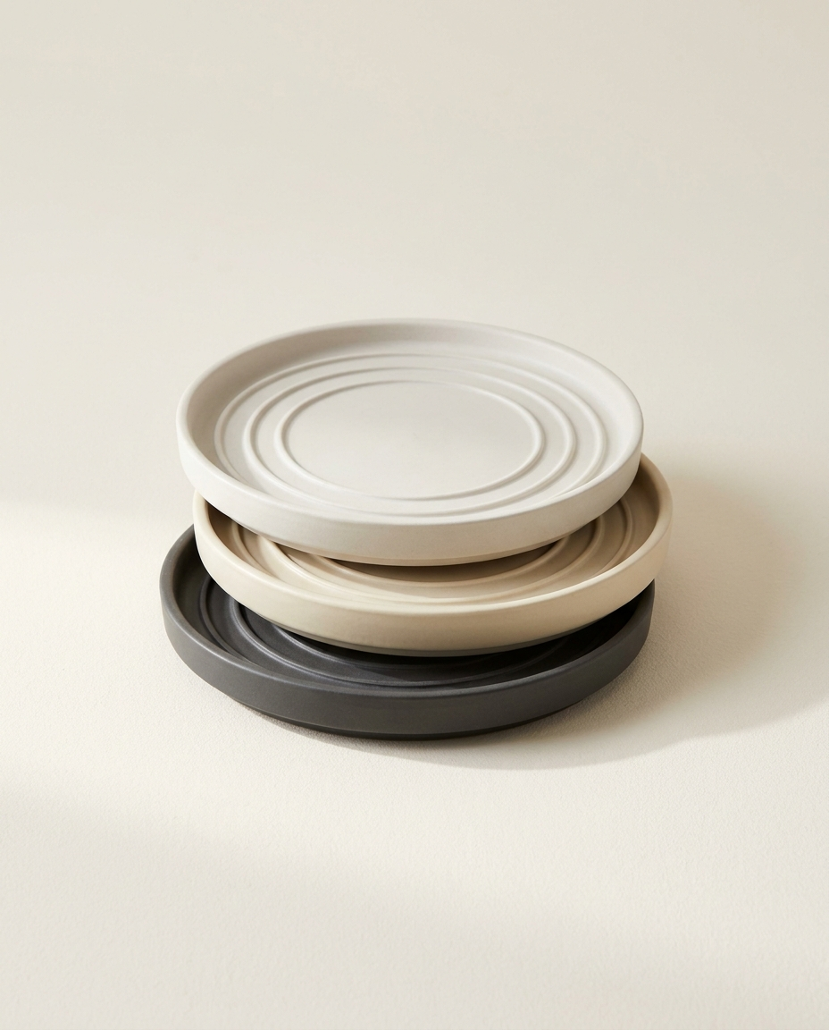 Terra Saucer Collection stack of finish-matched planter saucers in limestone white, bone, and charcoal