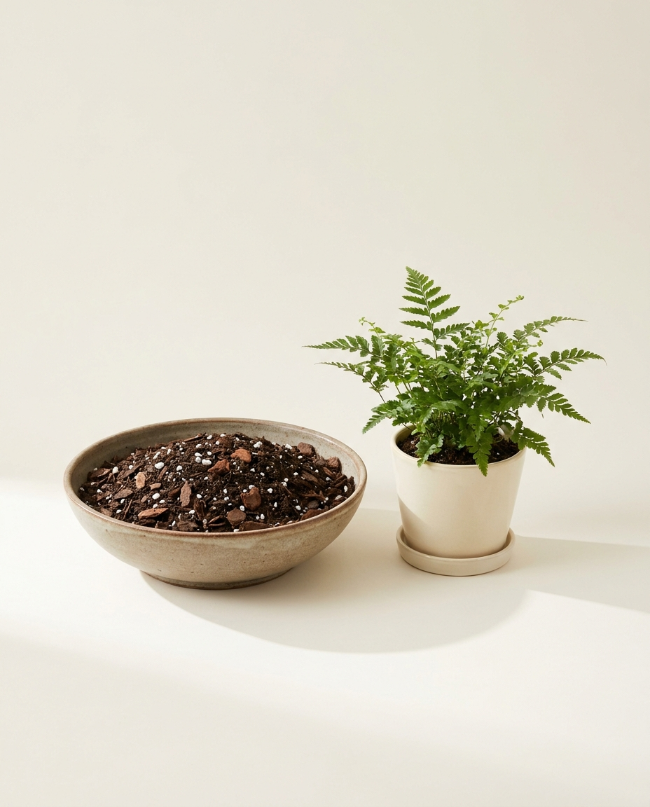 Aerify Soil Blend premium potting mix in a stoneware bowl beside a freshly potted fern