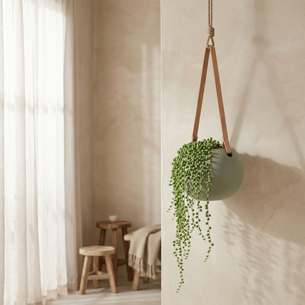 Vessa Hanging Sphere sage ceramic hanging planter on leather strap with string of pearls