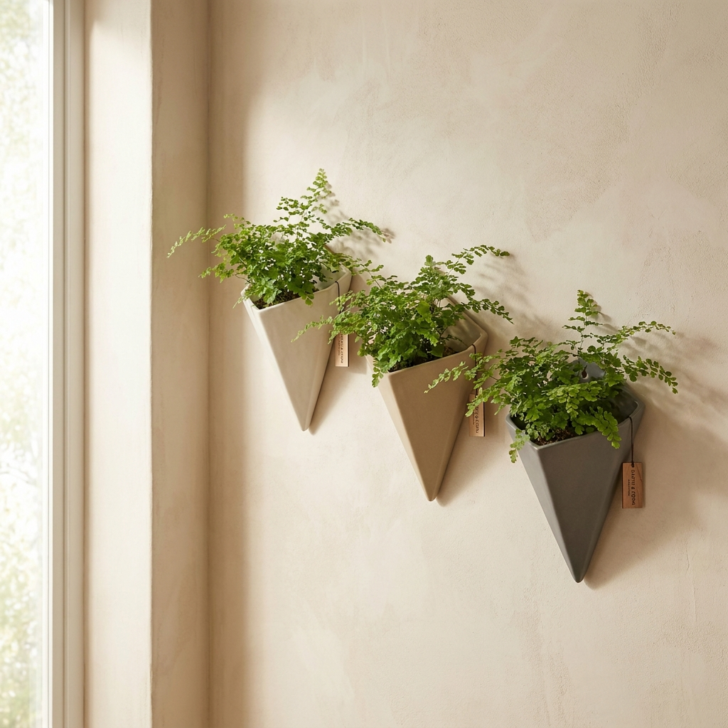 Cusp Wall Pocket Set of three ceramic wall planters in bone sand and stone grey with ferns