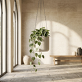 Aria Hanging Cylinder limestone white fiberglass hanging planter with philodendron on covered patio