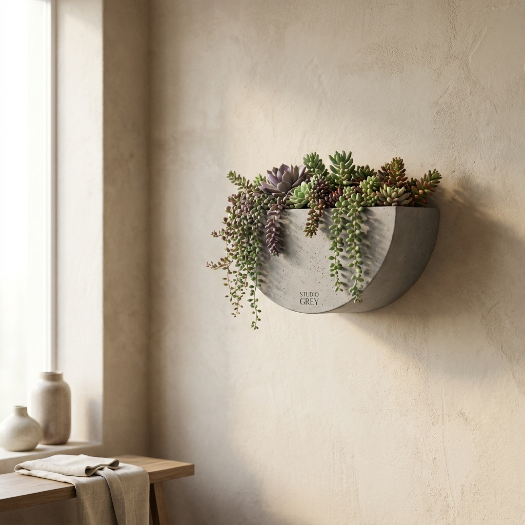Ostra Wall Half-Round cast concrete wall planter in natural grey with cascading sedum
